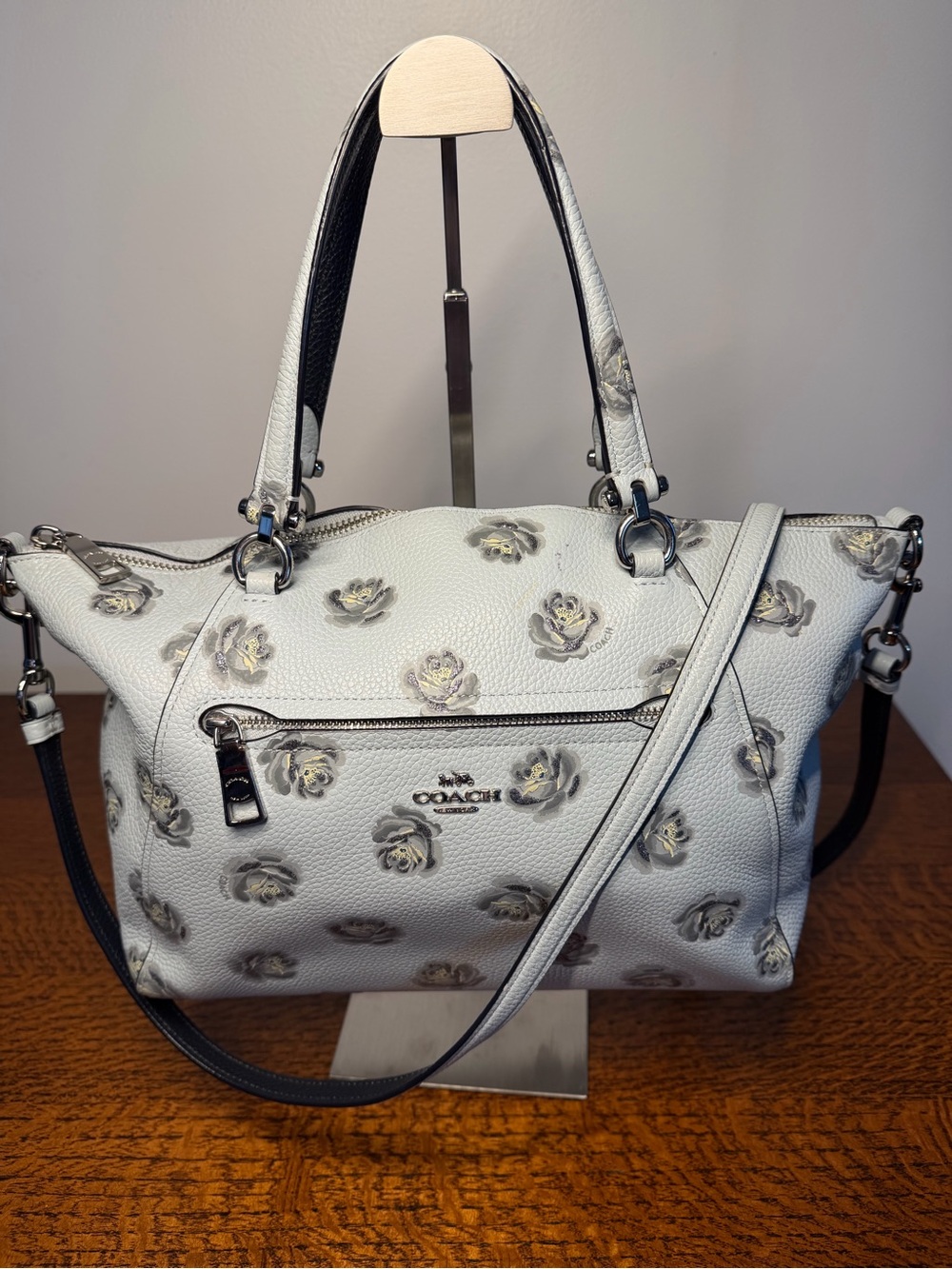 Coach White Floral Leather Satchel with Silver Hardware